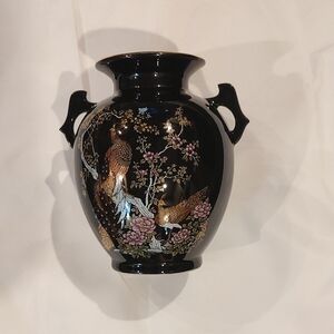 Vintage Japanese Black/Gold Double Handled Vase